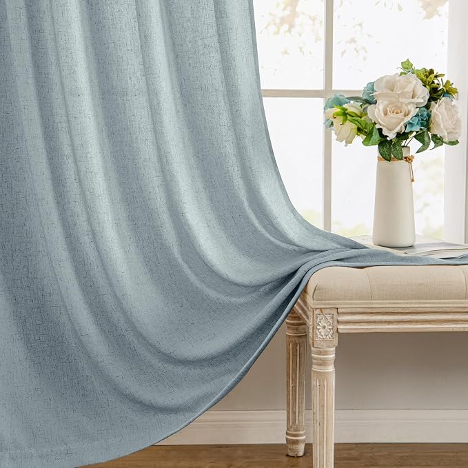 MIULEE Non-See-Through Privacy Linen Curtains 52Wx108L Inch Stone Blue | 2 Panels, Light Filtering, Semi Sheer Window Curtains, Farmhouse Textured, Back Tab Drapes for Bedroom Living Room