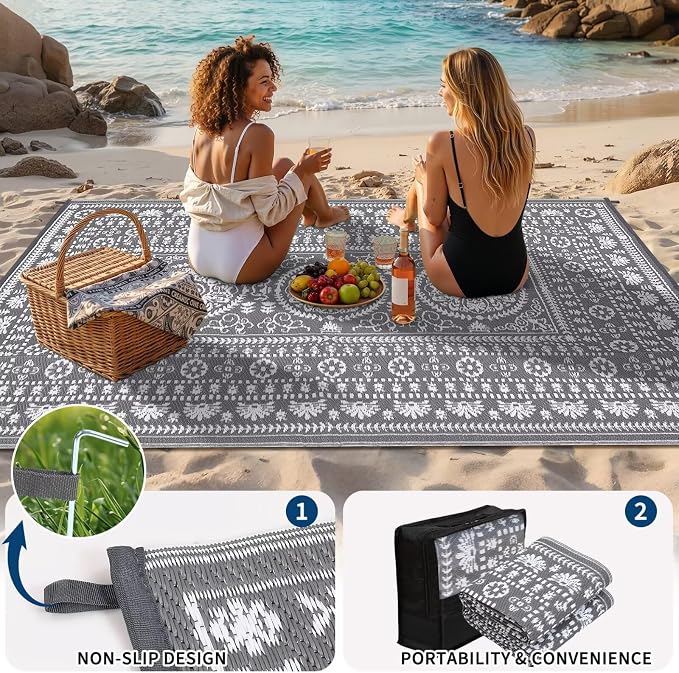 Garvee Reversible Outdoor Rug 5x8 for Patio, Waterproof Outdoor Area Rug, Boho Medallion Indoor Outdoor Carpet for Porch, Plastic Straw Rug for RV, Camping, Deck, Vintage Grey