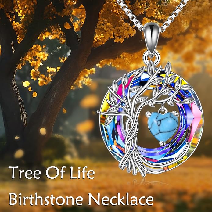 POPLYKE Mothers Day Gifts for Mom Her Wife Tree of Life Necklace 925 Sterling Silver Birthstone Pendant with Crystal Anniversary Birthday Wedding Jewelry for Women