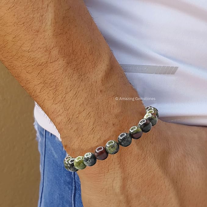 Amazing Gemstone Dragon Bloodstone Bracelet, Gifts for Men & Women - Protection Healing Crystal Bracelet - 8mm Gemstone Beaded Adjustable Bracelet, Pulseras para Hombres Mujer Stocking Stuffers