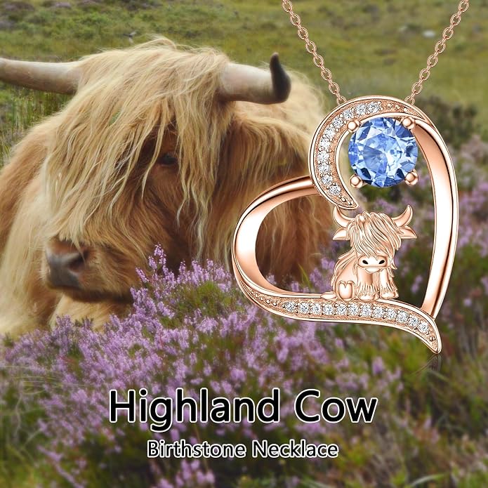 Highland Cow Gifts for Women 925 Sterling Silver Highland Cow Birthstone Necklace Fluffy Cow Jewelry Gifts Birthday Christmas