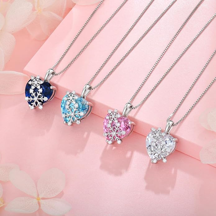 Snowflake Necklace for Women 925 Sterling Silver Heart Birthstone(White/Aquamarine/Sapphire/Pink) Pendant Necklaces Cubic Zirconia Winter Christmas Jewelry