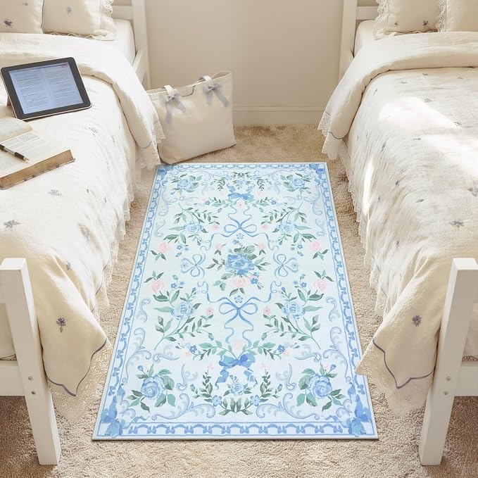 Collive 3x5 Nursery Rug, Boho Blue Floral Area Rugs Machine Washable, Soft Ultra-Thin Bow Carpet Non Slip for Girls Room Bedroom Entryway Playroom Living Room (Blue, 3' X 5')