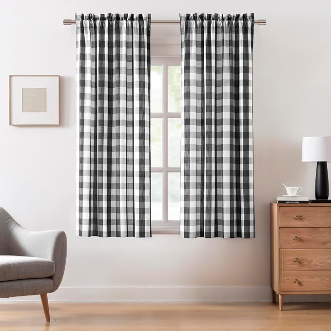 Black White Buffalo Plaid Semi Sheer Curtain Panels 72 Inch Long | Farmhouse Gingham Rod Pocket Drapes,Yarn Dyed Fabric,Retro Checkered Window Treatment for Bedroom Living Room,40" Wx72"Lx2