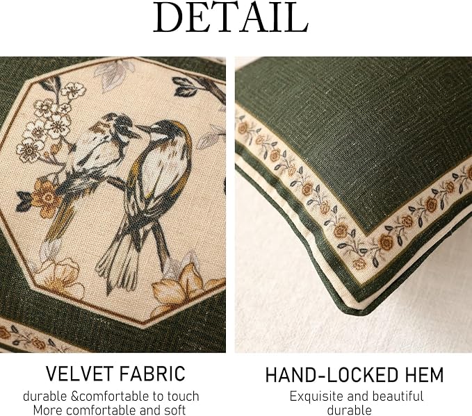 ISAENNE Vintage Elegant Linen Rectangle Throw Pillow Cover,28"x12"-Murad E | Designer French Green Pillow Cover,Concealed Zipper Design,Floral and Bird Pattern,Sofa,Bedroom,Living Room,Lounge Chairs