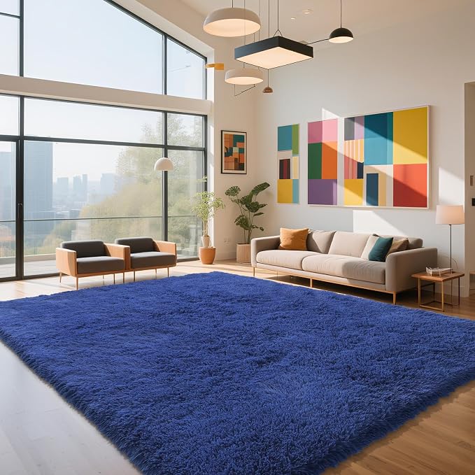 Blue Fluffy Rug Shag Area Rug, 9x12 Area Rugs for Girls Bedroom, Big Soft Shag Bedside Non-Slip Plush Dorm Carpet Home Decor Aesthetic