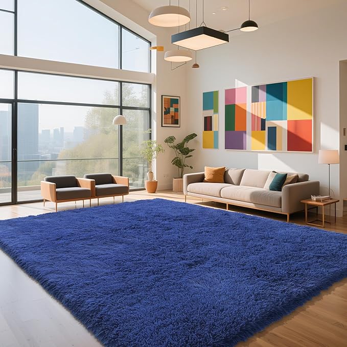 Blue Fluffy Rug Shag Area Rug, 8x10 Area Rugs for Girls Bedroom, Big Soft Shag Bedside Non-Slip Plush Dorm Carpet Home Decor Aesthetic