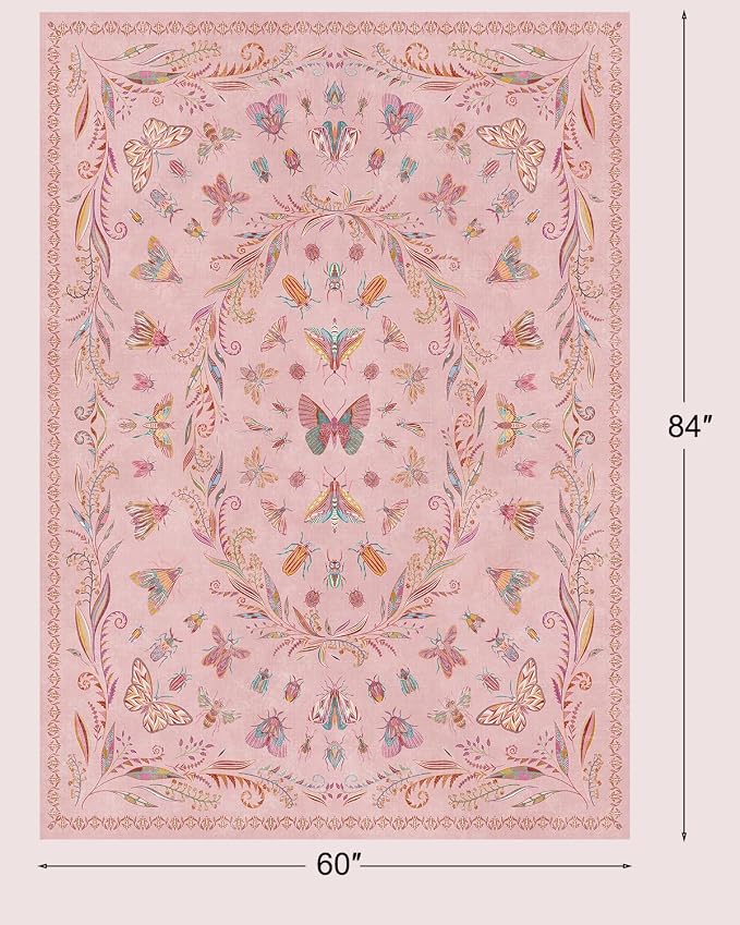 Lunasun Butterfly Area Rugs 5x7 for Baby Nursery, Cute Pink Rugs for Bedroom Girls, Living Room, Kids Room Playroom Reading Corner, Washable Ultra Soft Stain Resistant Floral Floor Decor