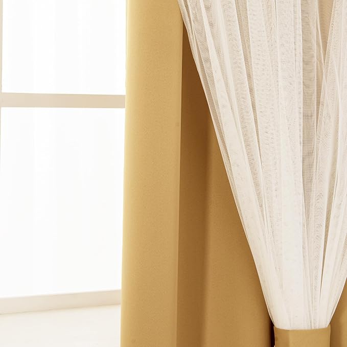 INLINAS Gold Blackout Curtains with Sheer Overlay - Grommet Top Thermal and Noise Reduction Panels for Bedroom and Living Room Light Blocking and Energy Saving, 52 x 84 Inches, Set of 2