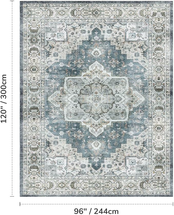 Lessymo 8x10 Vintage Medallion Rug for Living Room, Machine Washable Area Rugs for Bedroom Dining Room Under Table, Soft Low Pile Carpet with Non Slip Backing, Blue Grey/Beige