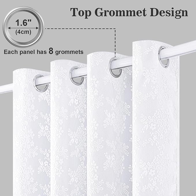 Yinhua Double Layer White Curtains for Living Room Blackout Curtains for Bedroom 63 Inch Length 2 Panels Set Kid Curtain with Tiebacks, Grommet Drapes with Floral Sheer Overlay, 52" W x 63" L