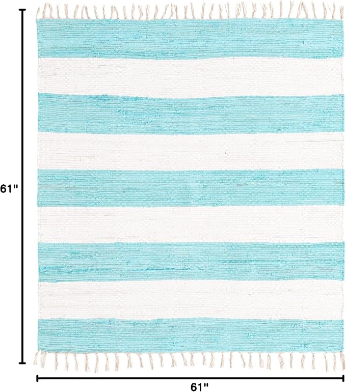 Unique Loom Chindi Rag Collection Area Rug - Striped (5' 1" Square, Turquoise and Ivory)