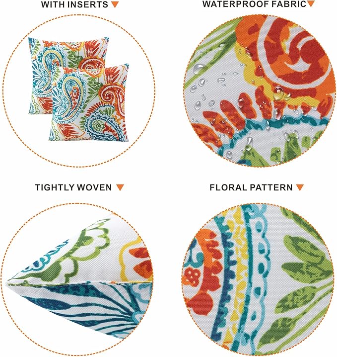 JMGBird Outdoor Patio Pillows Waterproof Outdoor Pillow Inserts Included | 18x18 Orange Throw Pillows with Inserts Sunbrella Pillows Paisley Print Decorative Pillows for Couch ,Patio Furniture