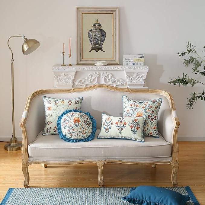 ISAENNE Linen Square Throw Pillow Cover,Set of 2,18"x18"-Floralsea B | Designer French Elegant Pillow Cover,Concealed Zipper Design,Sofa,Bedroom,Living Room,Lounge Chairs,All Season Home Decor