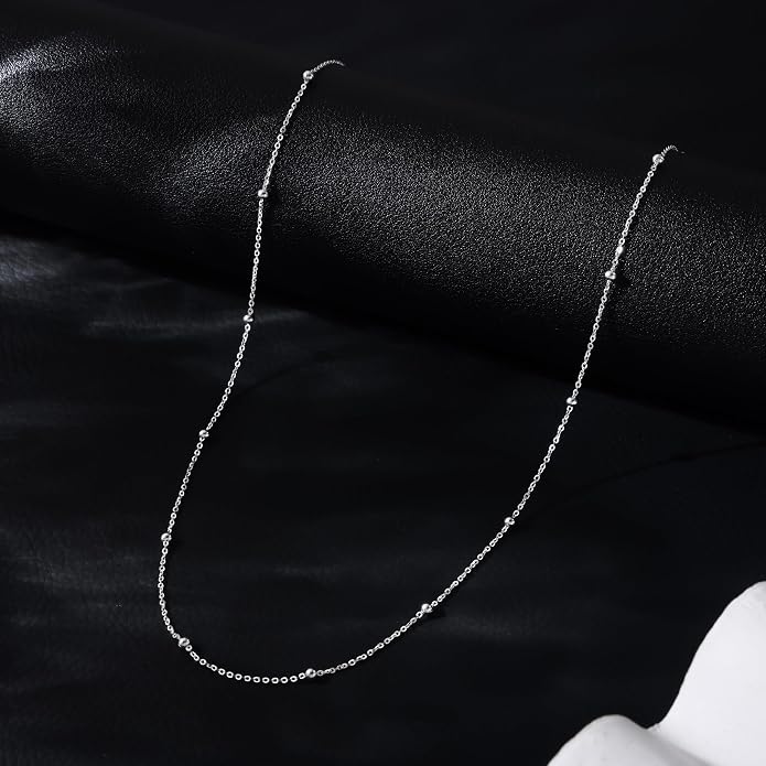 Carffordo 925 Sterling Silver Chain Necklace 16K Gold Plated Beaded Chain Necklace for Women Simple Dainty Choker Necklace Satellite Waterproof Link Necklace Trendy Jewelry Gifts