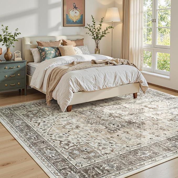 Neutral Camel 9x12 Rug for Living Room - Vintage Farmhouse Aesthetic Distressed Brown Carpet, Soft Washable Low Pile Non-Slip Extra Large Area Rugs for Dining Under Table, Bedroom, Office