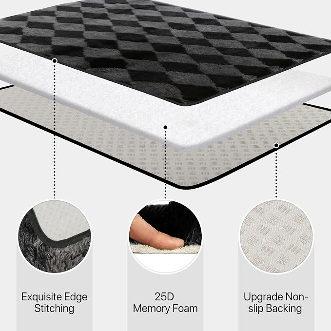 GENIMO Checkered Rug 6x9 Area Rugs for Kids Bedroom Soft Shag Rug Fluffy Fuzzy Carpet Plush Rugs for Living Room Nursery Playroom Dorm Modern Home Decor Aesthetic, Black and Grey