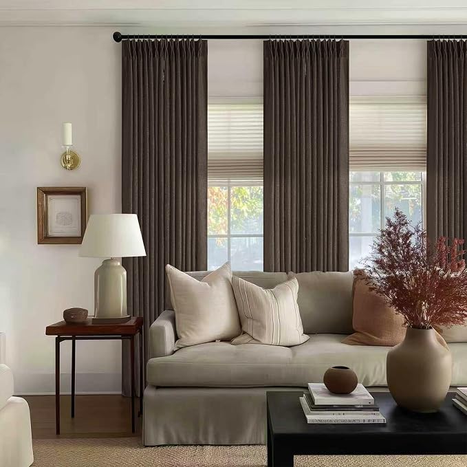 Dark Chocolate 120 Inch Pinch Pleated Semi Sheer Linen Curtains 2 Panels | for Living Room Bedroom, Memory Training Shaped, Light Filtering, Pinch Pleat Drapes with Hooks Rings, Window Curtains 40x120