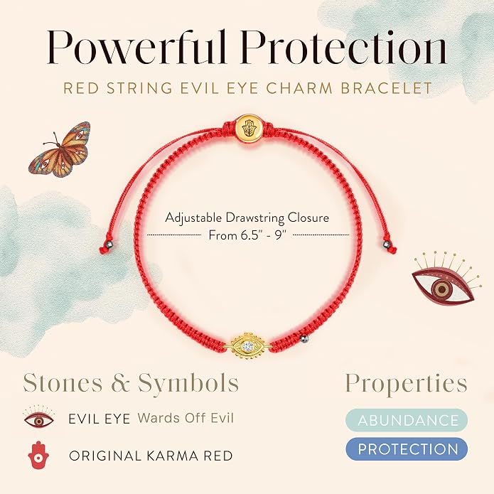 KARMA AND LUCK Powerful Protection, Red String Bracelet & Evil Eye Charm for Women with Genuine Gemstone, Size 5.5"-7.5”