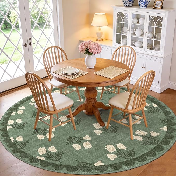 Sage Green 6ft Round Area Rug for Living Room - Large Washable Floral Boho Farmhouse Scalloped Circle Rug for Bedroom Stain Resistant Dining Room Rugs for Under Table Soft Non-Slip Nursery Rug
