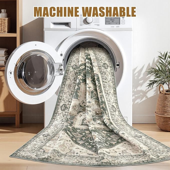 Area Rug for Living Room - 5x7 Washable Oriental Vintage Floral Large Soft Carpet - Fade Stain Resistant Non Slip Rugs for Bedroom Dining Room Nursery Dorm Office Home Decor - Vintage Green