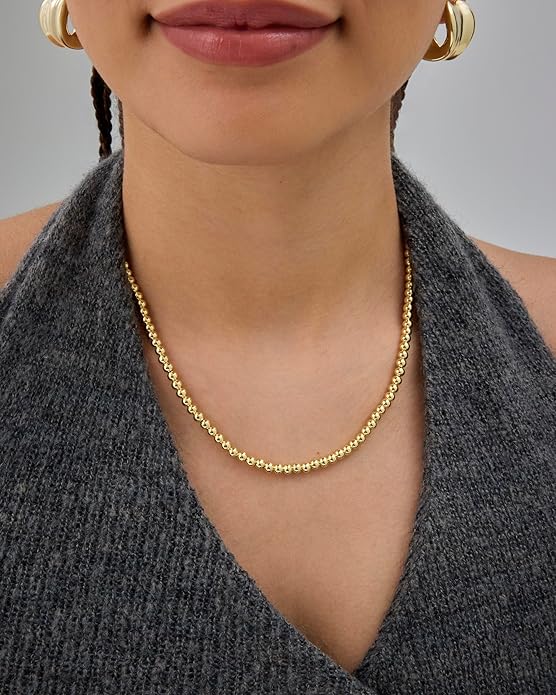 PAVOI 14K Gold Plated Small Bead Ball Chain Necklace for Women - Adjustable Dainty Gold Beaded Necklace - Trendy Choker Chain Layering Jewelry