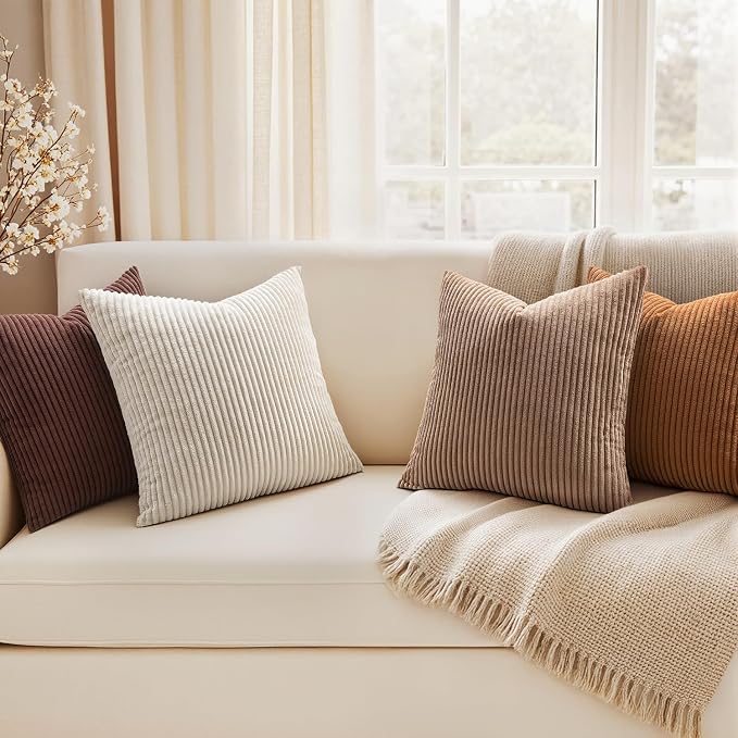EMEMA Brown Decorative Throw Pillow Covers 22x22 Inch Set of 4 Boho Farmhouse Corduroy Striped Square Pillow Case,Western Modern Cushion Covers for Couch Bed Livingroom Home Decor