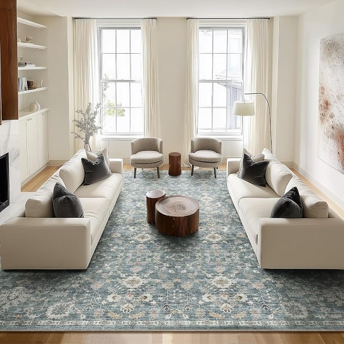 Washable Rugs for Living Room: 10x14 Area Rugs for Bedroom Ultra Soft Non-Slip Stain Resistant Vintage Boho Large Carpet for High-Traffic Dining Room - Farmhouse Decor