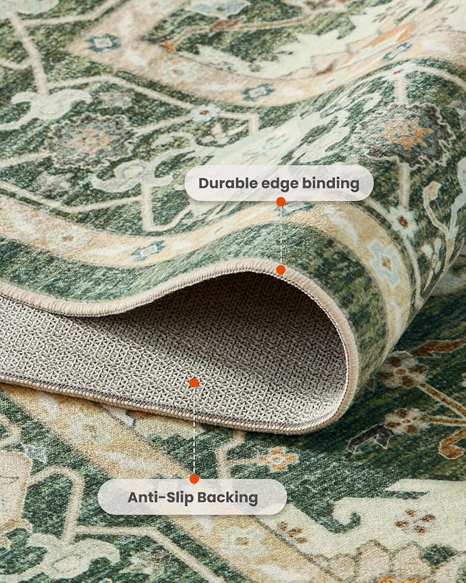 AMADA HOMEFURNISHING 2x6 Washable Entry Rug, Vintage Non-Slip & Low-Pile Kitchen Area Rug for Hallway Bathroom Door Mat Indoor Entrance, Olive Green