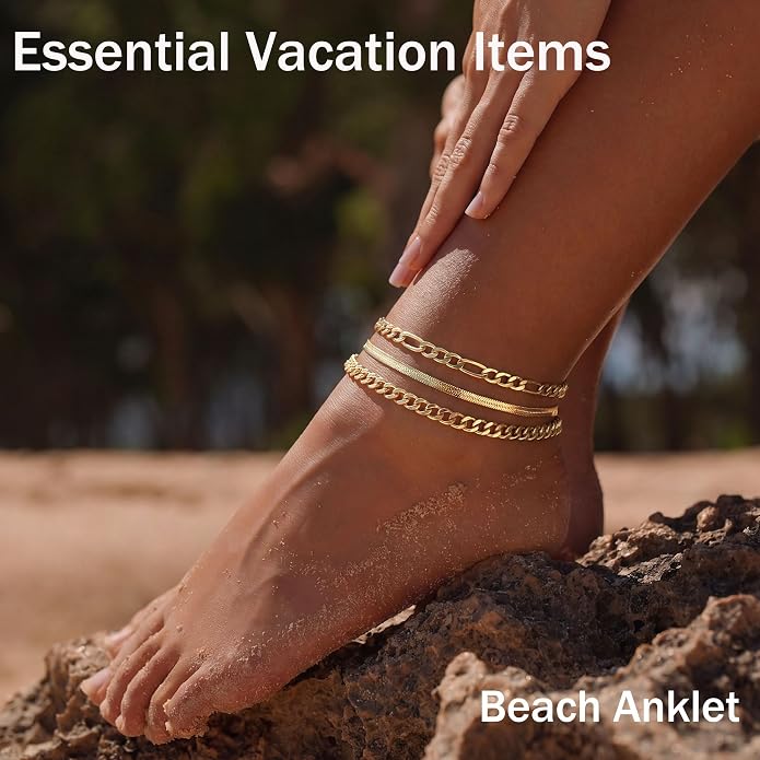 DEARMAY Gold Anklets for Women Waterproof, Non Tarnish14K Gold Plated Ankle Bracelets Set Stack, Summer Beach Jewelry Gifts for Vacation, Bikini Outfits for Women Mom Her