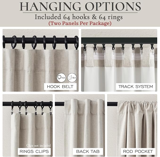Curtains 100 Inch Length Wide Pleated Blackout Curtain for Sliding Glass Door,Farmhouse Natural Linen Thick Thermal for Summer Heat/Sound Noise Reducing Heavy Large Window Drapes (100"Wx102"Lx2Panels)