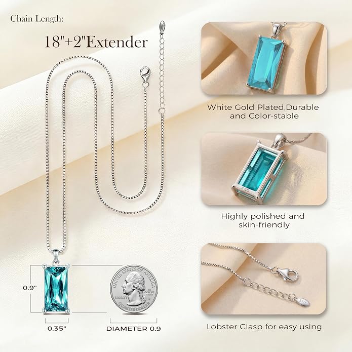 8mm x 16mm Square Birthstone Pendant Necklace – Fashion charming Sterling Silver Gift for women