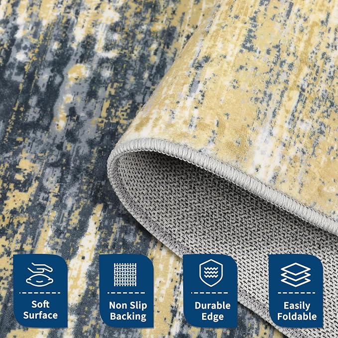 ROYHOME Washable Runner Rug 2x6 Modern Abstract Kitchen Rugs, Non Slip Bathroom Rug, Low Pile Laundry Room Soft Long Carpet for Hallway Bedroom Entryway, Yellow/Black