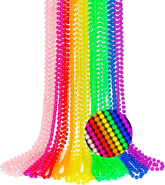 24PCS Glow in the Dark Bead Necklace, Metallic 8 Kinds of Color Light up Neon Mardi Gras Beads, 33" Light Costume Necklaces for Festival Parade Throw Accessories Wedding Birthday Party Favors Decor