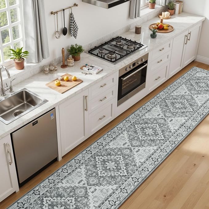 Lessymo 2 x 10 Long Runner Rug for Hallway, Washable Entryway Rugs Boho Faux Wool Low Pile Rug for Kitchen, Floral Medallion Vintage Rugs with Non-Slip Rubber, Grey Beige