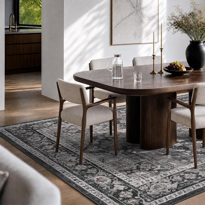 AMOAMI-Area Rug 5X7 Rugs for Living Room-Vintage Soft Black Rugs for Bedroom-Non Slip Carpet-Machine Washable Rug for Dining Room Living Room Bedroom Office Under Table Dark Grey & Black