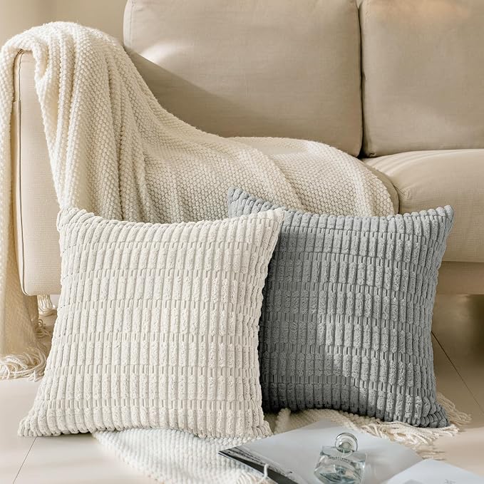 Softalker Corduroy Throw Pillow Covers 22x22 Set of 2, Soft Plush Decorative Square Cushion Cases for Living Room Couch Sofa, Modern Farmhouse Boho Home Decor, Grey