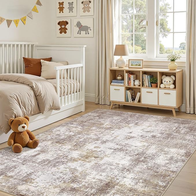 Area Rugs 5x7, Non Slip Low Pile Soft Washable Rug for Living Room | Modern Abstract Large Carpet, Stain Resistant and Kid & Pet Friendly, Made for Bedroom, Nursery, Dining Room - Gold Brown
