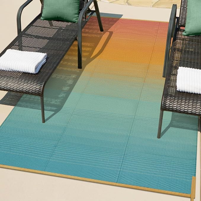 Anidaroel Ombre Outdoor Rug 5x8ft Waterproof for Patio Decor, Reversible Plastic Straw Outside Rug, UV Resistant RV Camping Mat for Porch, Balcony, Pool Deck, Backyard(Orange&Blue, 5'x8')