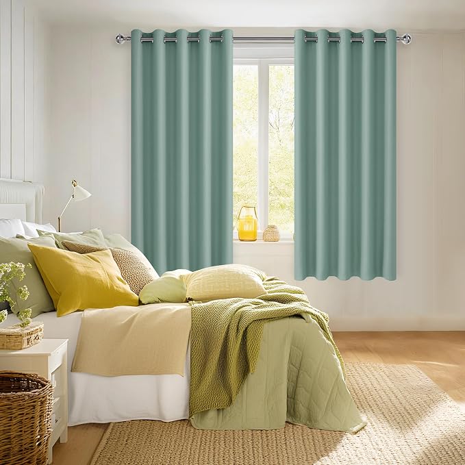 Hiasan Blackout Curtains for Bedroom, 60 x 63 Inches Length - Thermal Insulated & Noise reducing Window Curtains for Living Room, 2 Drape Panels Sewn with Tiebacks, Sage Green