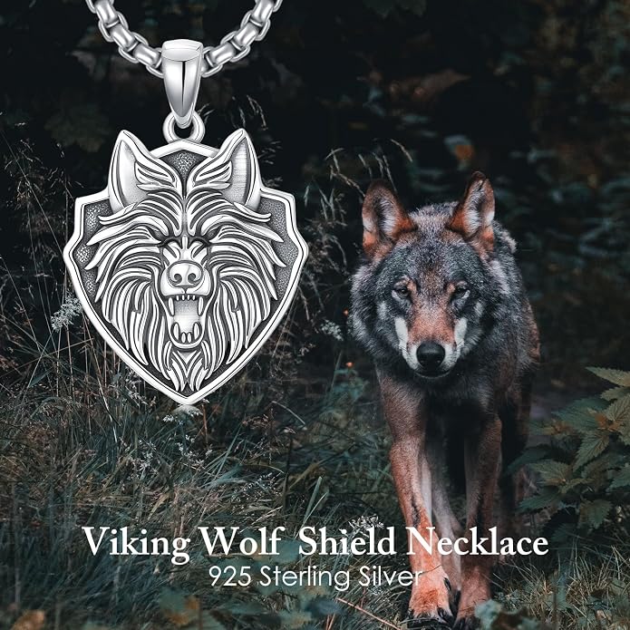 SIMONLY Eagle/Wolf/Skull Necklace for Men 925 Sterling Silver Shield Fish Hook Pendant Amulet Necklace Viking Shield Jewelry Christmas Gifts for Him