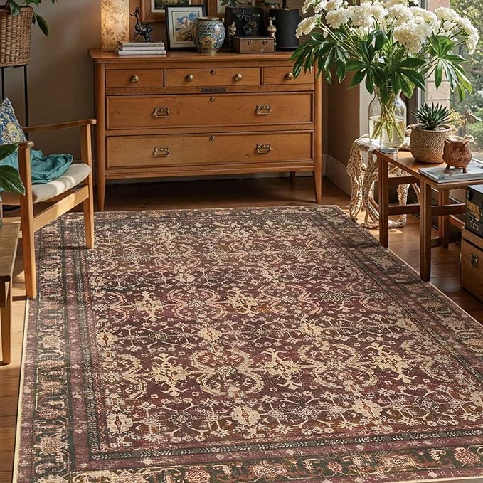 Rugxara Red Area Rugs 5x7 Washable Oriental Rug for Living Room Bedroom | Non Slip, Rug for Dining Room Office Farmhouse Dorm, Stain Resistant, Soft, Vintage Boho Retro Carpet, Low Pile, Home Decor
