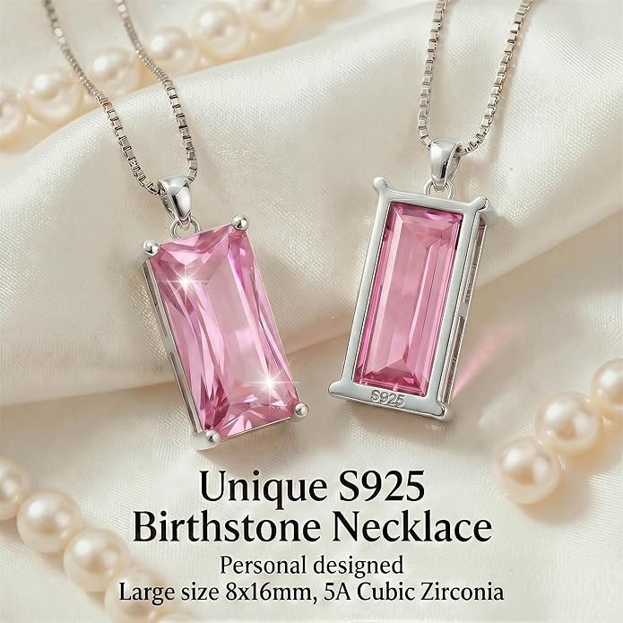 8mm x 16mm Square Birthstone Pendant Necklace – Fashion charming Sterling Silver Gift for women