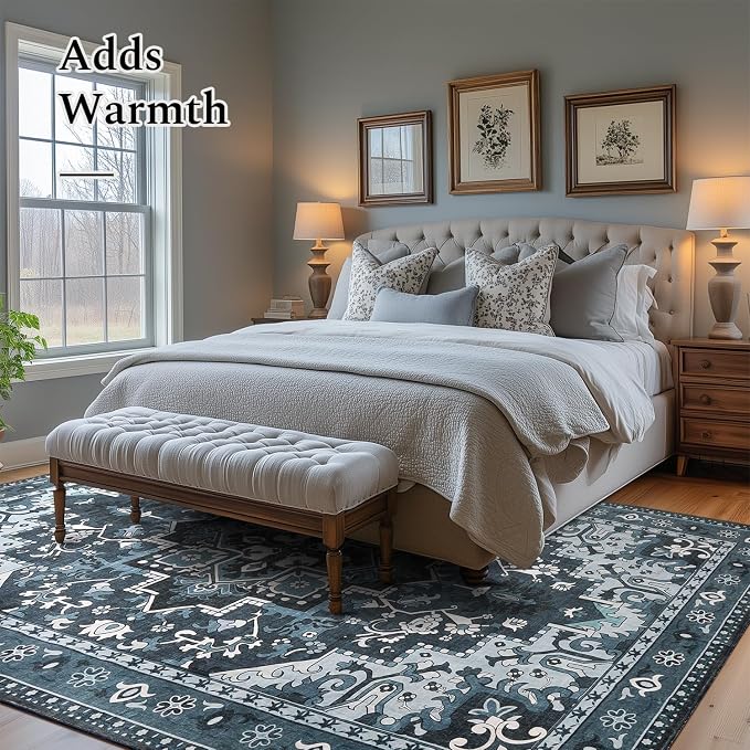 Rugflix 3x5 Area Rugs Machine Washable, Dark Navy Blue Carpet for Entryway, Oriental Indoor Area Rug Low Pile, Small Soft Thick Carpets Non Slip, Farmhouse Vintage Rug for Kitchen Laundry Room