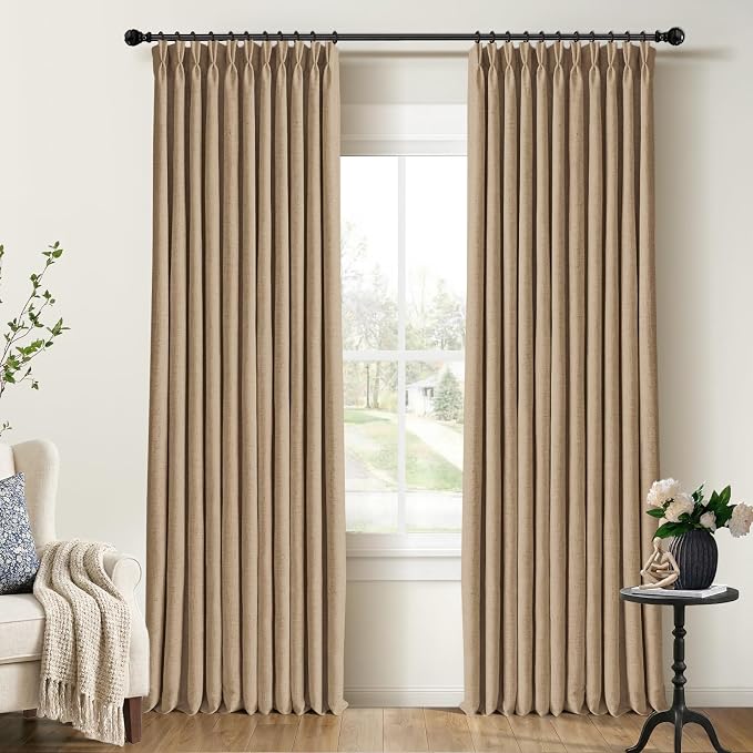 CAPALOCA Brown Linen Pinch Pleated Curtains Blackout, 100% Black Out Curtains 90 inch Long for Bedroom, Tan Blackout Thermal Insulated Pinch Pleated Drapes for Living Room, 40" W x 90" L, 2 Panels