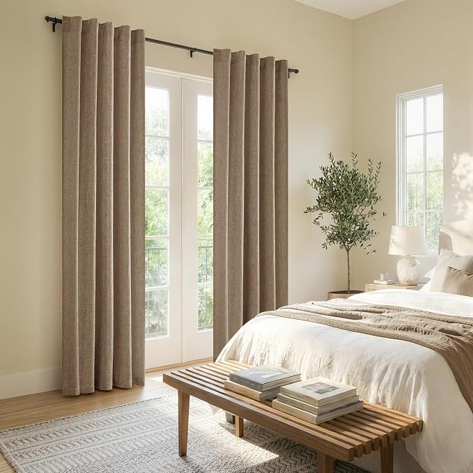 MIULEE Thick Linen Curtains, 42Wx108L, Brown Tan Semi Sheer Linen Textured | Light Filtering Window Privacy Drapes with Back Tab Rod Pocket for Farmhouse/Living Room/Bedroom, Set of 2