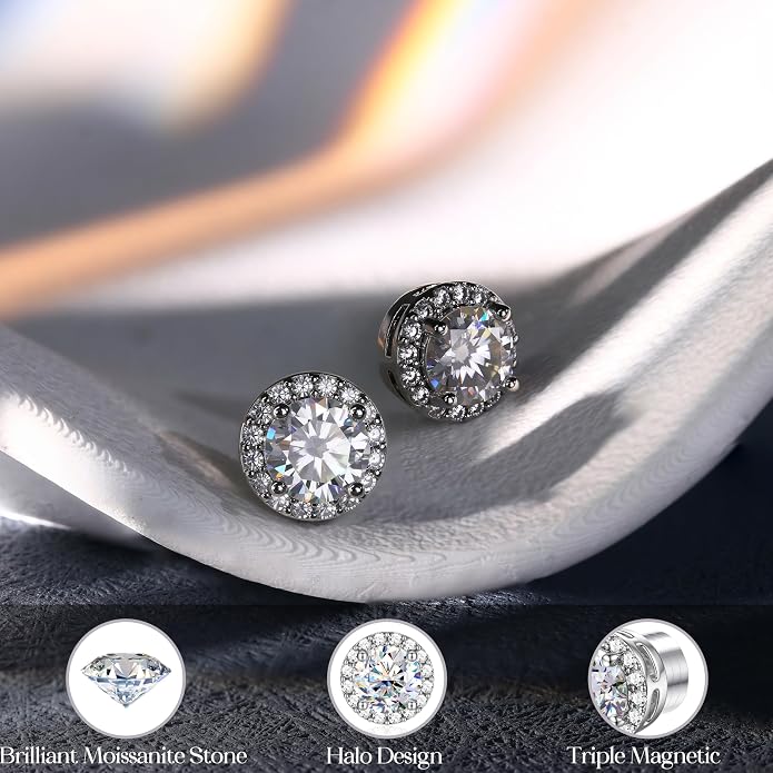 GEMQUEEN Moissanite Magnetic Earrings for Men : 18K White Gold Plated Hypoallergenic Stainless Steel Non Piercing Clip on Fake Earrings Studs Halo Round Square Diamonique Earring Women D Color VVS1