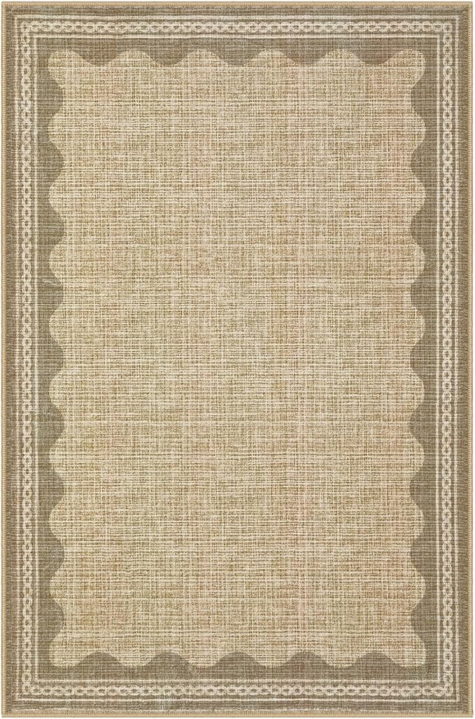 GarveeHome Door Mat Indoor Rugs for Entryway Scalloped Solid Tan Jute Digital Printing Small Rug 2x3 Washable Non-Slip Modern Soft Low-Pile Carpet for Bedroom Kitchen Entrance
