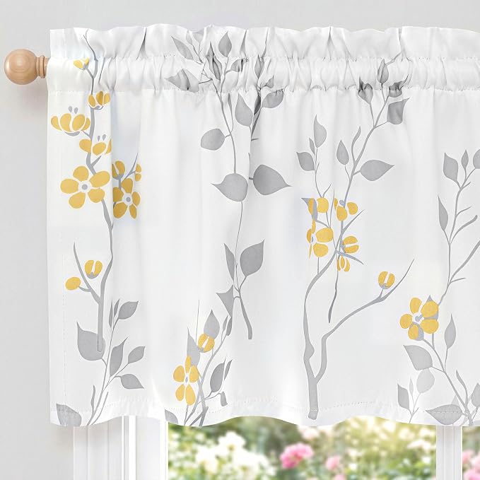 Beauoop Floral Valance Curtains for Kitchen Yellow Grey 52X18 Inch 1 Panel | Flower Patterned Yellow White Blackout Short Curtains for Living Room Bedroom Cafe Thermal Small Window Curtains Rod Pocket