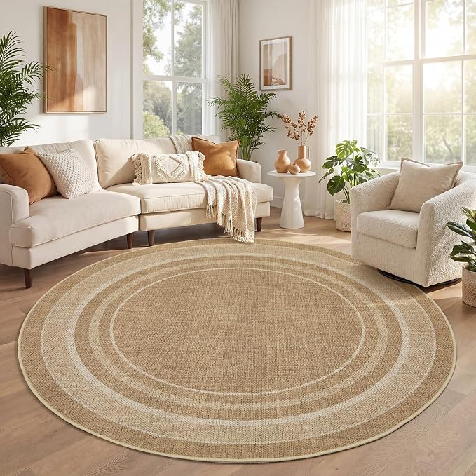 GarveeHome 4ft Easy Jute Round Rug for Living Room Bedroom Circle Rugs | Modern Solid Non Slip Stain Resistant Dining Room Throw Carpet Indoor Round Area Rugs for Kitchen Nursery Entryway Dorm, Jute